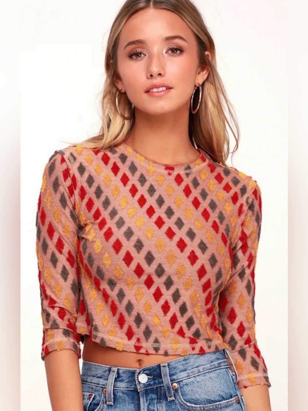 Free People Magic Carpet Red Multi Terry Cloth Crop Top, Size S